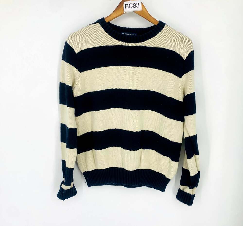 Brandy Melville Cream Navy Striped Sweater 100% Cotton Crew Neck One Size Preppy